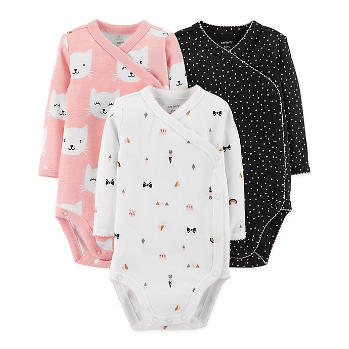 carter's® 3Pack Kitty SideSnap Long Sleeve Bodysuits in Pink buybuy BABY