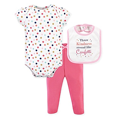 Little Treasure 0-3M 3-Piece Kindness Bodysuit, Pant &amp; Bib Set in Pink. View a larger version of this product image.