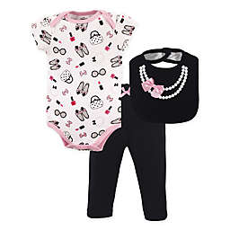 Little Treasure 3-Piece Pearls Bodysuit, Pant & Bib Set in Pink/Black