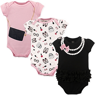 Little Treasures Size 12-18M 3-Pack Pearls Bodysuits in Black/Pink. View a larger version of this product image.