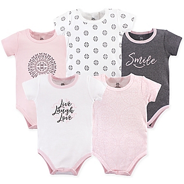 Yoga Sprout Size 9-12M 5-Pack Scroll Bodysuits in Pink/Grey. View a larger version of this product image.