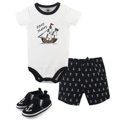 Hudson Baby&reg; Size 0-3M 3-Piece Pirate Bodysuit, Short, and Shoe Set in Black