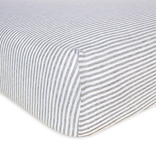 Alternate image 1 for Burt's Bees Baby® Bee Essentials Stripe Organic Cotton Fitted Crib Sheet in Grey