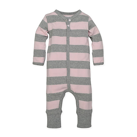 Alternate image 1 for Burt's Bees Baby® Newborn Organic Cotton Rugby Stripe Coverall in Pink