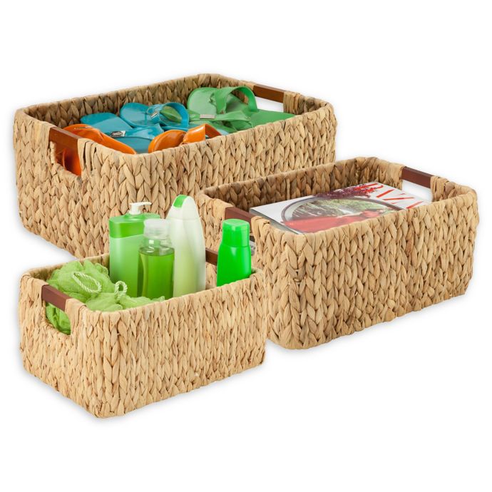 HoneyCanDo® 3Piece Woven Hyacinth Rectangular Basket Set with Wood