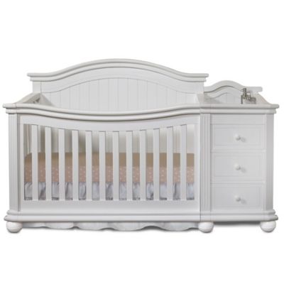 grey crib with changing table