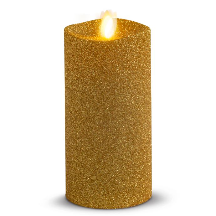 Luminara® Glitter 6-Inch Real-Flame Effect Pillar Candle in Gold | Bed