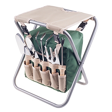 Pure Garden Folding Stool Garden with 5-Piece Tool Set in Beige/Green. View a larger version of this product image.