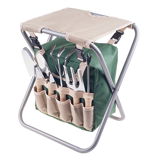 Alternate image 1 for Pure Garden Folding Stool Garden with 5-Piece Tool Set in Beige/Green