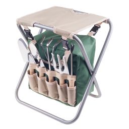 Pure Garden Folding Stool Garden with 5-Piece Tool Set in Beige/Green