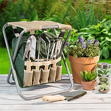 Pure Garden Folding Stool Garden with 5-Piece Tool Set in Beige/Green. View a larger version of this product image.