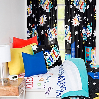 Learning Linens &quot;Be Super&quot; 84-Inch Window Curtain Panel in Black/Blue. View a larger version of this product image.