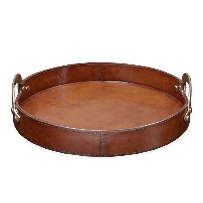 Madison Park Signature Camryn Round Leather Tray in Brown Bed Bath