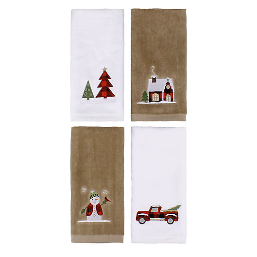 Set of 4 Holiday Christmas Embroidered Bathroom Finger Tip Hand Towels ~ New