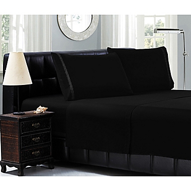 Elegant Comfort&trade; Chain Embroidered Microfiber Queen Sheet Set in Black. View a larger version of this product image.