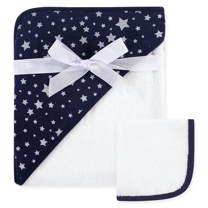 Hudson Baby® Star 2Piece Hooded Towel and Washcloth Set in Blue Bed