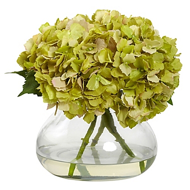 Nearly Natural 9-inch Large Faux Blooming Hydrangea with Glass Vase in Green. View a larger version of this product image.