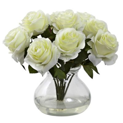 Yellow Rose & Succulent Artificial White Vase Silk Arrangements Nearly Natural 1715-YL 14-in 