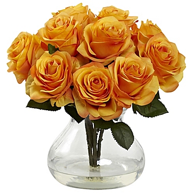 Nearly Natural 11-Inch Rose Artificial Arrangement with Glass Vase in Orange/Yellow. View a larger version of this product image.