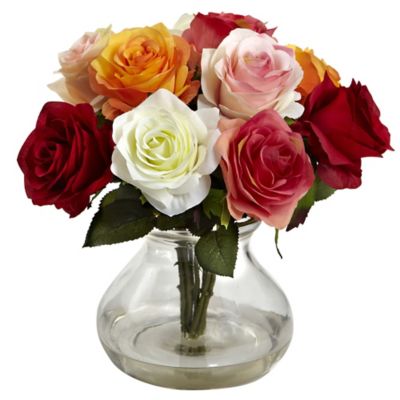 Nearly Natural 11-Inch Rose Artificial Arrangement with Glass Vase