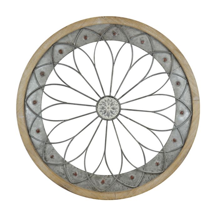 32 Inch X 32 Inch Round Metal And Wood Wall Art In Distressed White Bed Bath Beyond