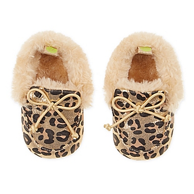 First Steps Size 3-6M Leopard Moccasin Slipper in Gold. View a larger version of this product image.