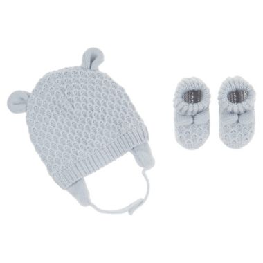 First Steps Size 0-6M 2-Piece Bear Knit Cap and Bootie Set in Blue. View a larger version of this product image.