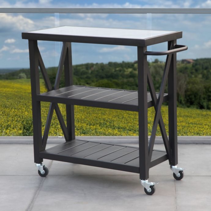 W Home™ Stonington TileTop Steel Patio Bar Cart in Black Bed Bath