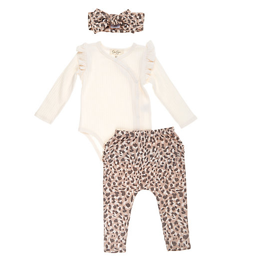 Alternate image 1 for Jessica Simpson Ruffle Bodysuit with Hacci Pant and Headband in Ivory/Leopard
