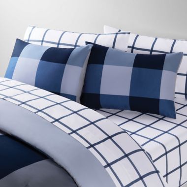 Simply Essential&trade; Block Plaid 7-Piece Full/Full XL Comforter Set in Navy. View a larger version of this product image.