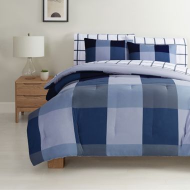 Simply Essential&trade; Block Plaid 7-Piece Full/Full XL Comforter Set in Navy. View a larger version of this product image.