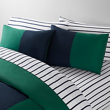 Simply Essential&trade; Vertical Colorblock 7-Piece Full/Full XL Comforter Set in Green/Navy. View a larger version of this product image.