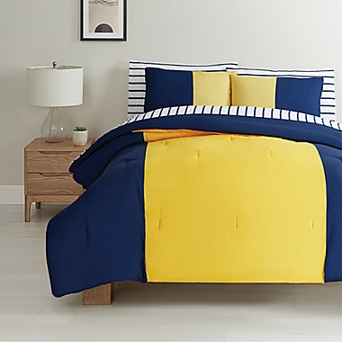 Simply Essential&trade; Vertical Colorblock 7-Piece Full/Full XL Comforter Set in Navy/Yellow. View a larger version of this product image.