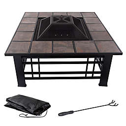 Pure Garden Wood Burning 32-Inch Square Marble Tile Fire Pit in Black/Orange