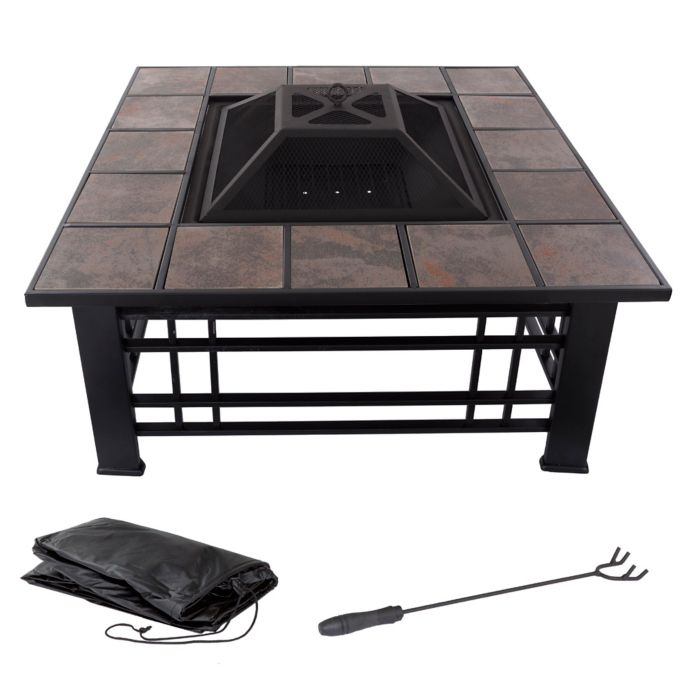 Pure Garden Wood Burning 32 Inch Square Marble Tile Fire Pit In Black Orange Bed Bath Beyond