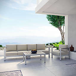 Modway Shore 4-Piece Aluminum Patio Sectional Sofa Set in Silver/Beige