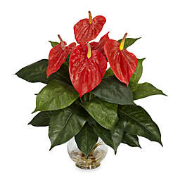 Nearly Natural 17.75-Inch Silk Anthurium With Fluted Glass Vase