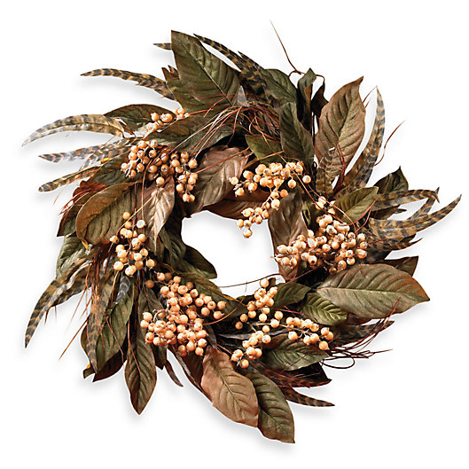Alternate image 1 for Nearly Natural 24-Inch Feather and Berry Wreath in Cream/Beige