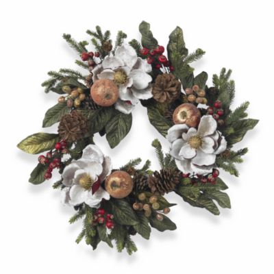 Nearly Natural 24-Inch Magnolia Pinecone and Berry Wreath in Beige/White