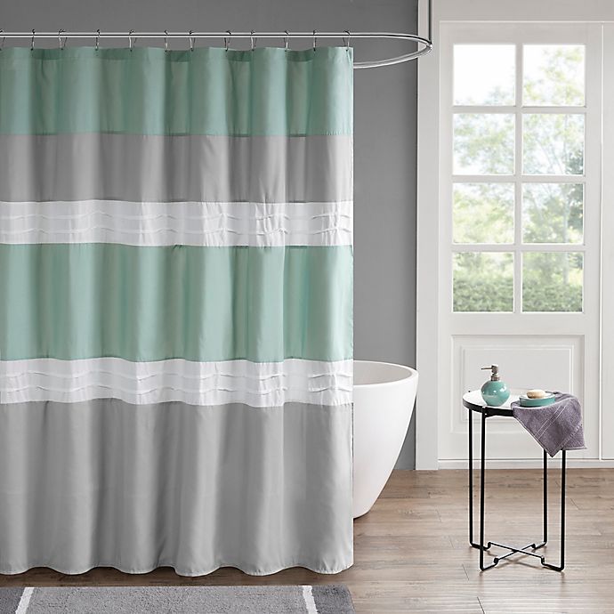 seafoam green and black shower curtain