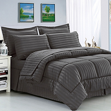 Luxury Stripe Full Size 8 Piece Black Grey and White Bedding Comforter  Set 