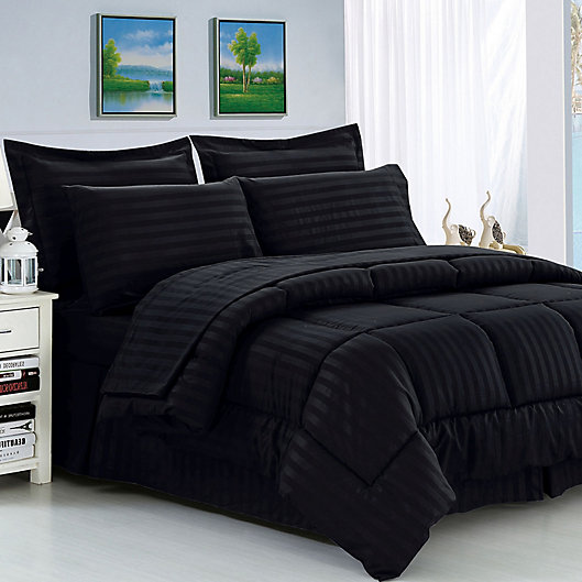 Alternate image 1 for Elegant Comfort Dobby Stripe 8-Piece Full/Queen Comforter Set in Black