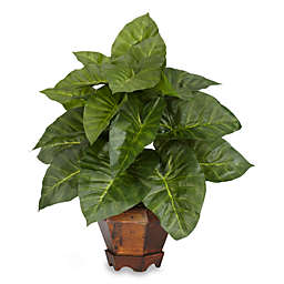 Nearly Natural 17-Inch Taro Silk Plant in Green with Wood Pot