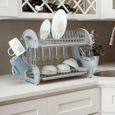 Home Basics&reg; 2-Tier Dish Drainer in Grey. View a larger version of this product image.