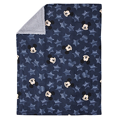Disney&reg; Mickey Mouse &quot;Hello World&quot; Sherpa Baby Blanket in Navy. View a larger version of this product image.