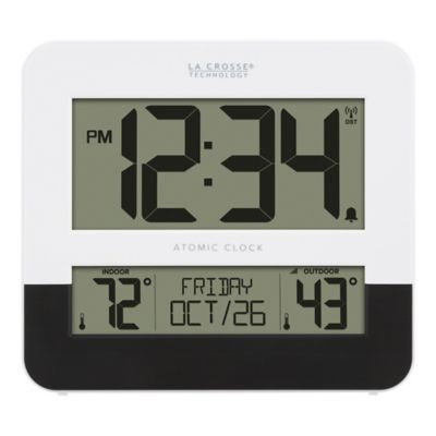 La Crosse 8.54-Inch Atomic Digital Wall Clock with In/Outdoor Temperature in Black/White