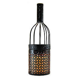 Metal Wine Bottle Lantern with LED Candle in Black