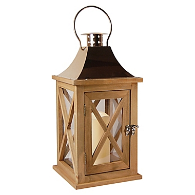 Natural Wooden Lantern with Copper Roof and LED Candle with Timer. View a larger version of this product image.
