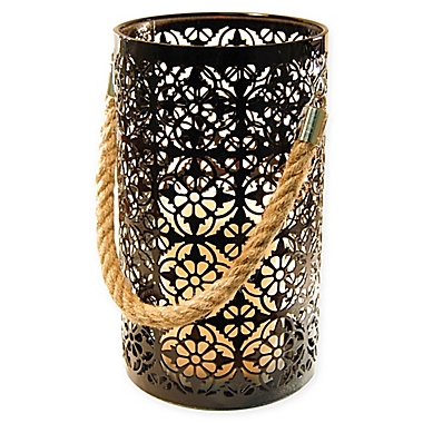 Black Jacquard Metal Lantern with LED Candle and Timer. View a larger version of this product image.