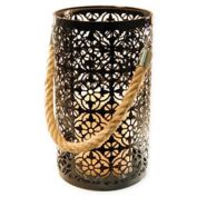 Black Jacquard Metal Lantern with LED Candle and Timer